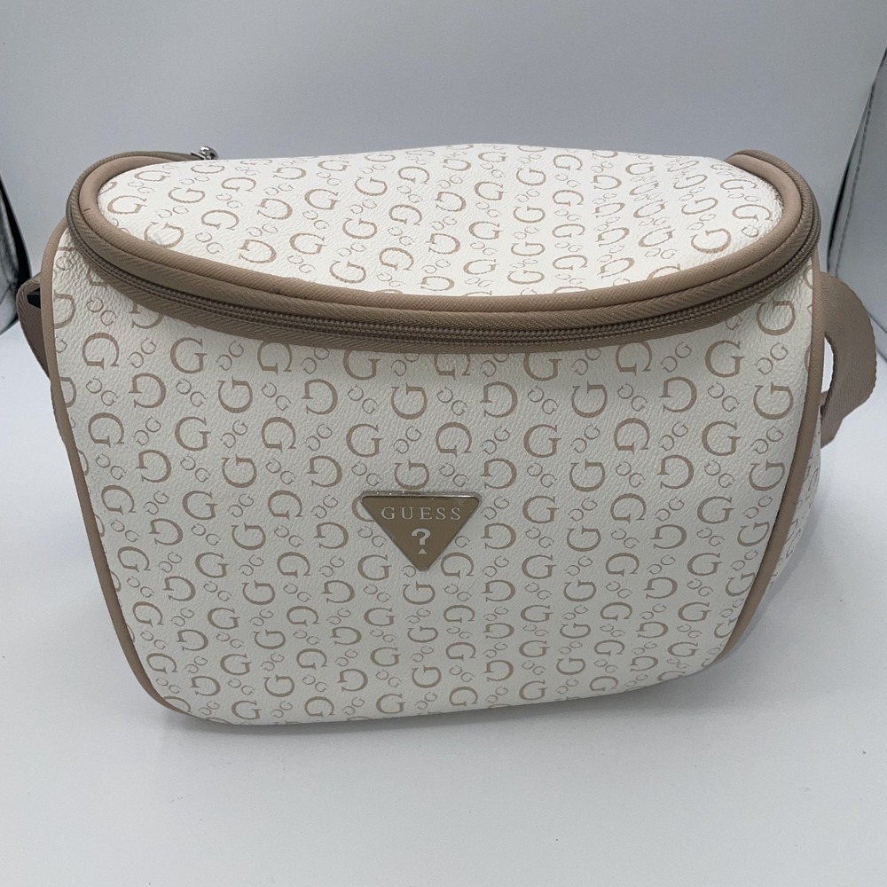 Guess Lunch Box Crossbody Bag White Beige Monogram Logo Zip Around Travel Bag